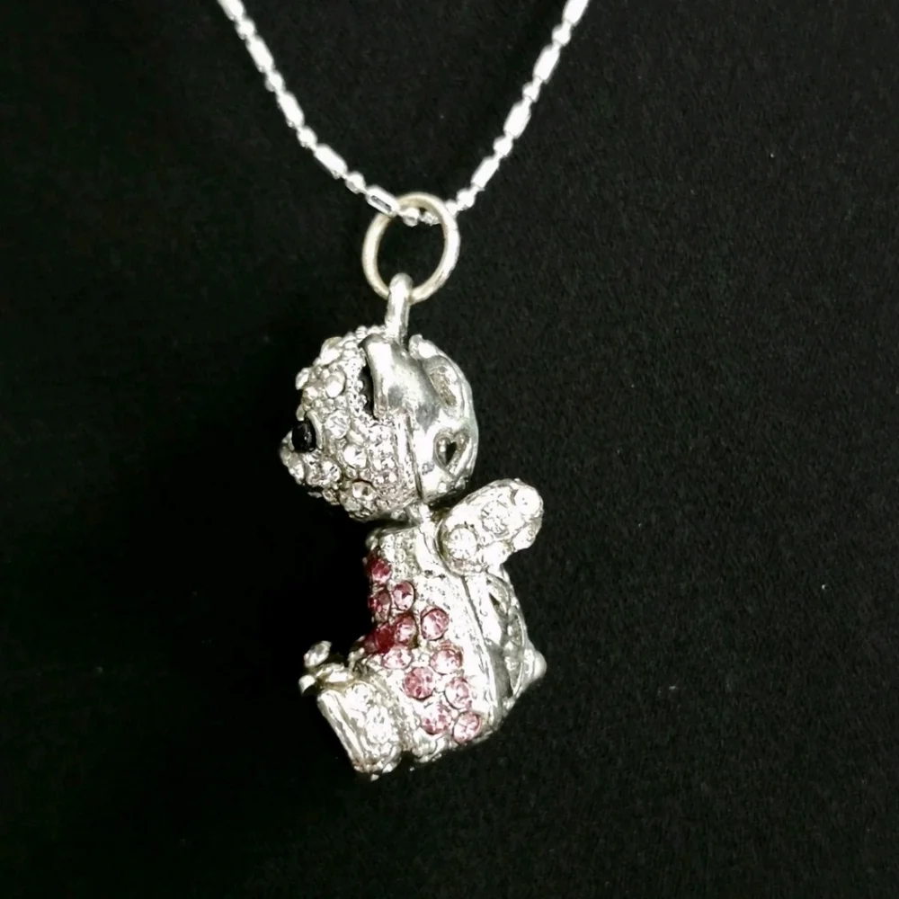 Silver-toned Chrystal/Rhinestone Teddy Bear Pendant Necklace With Movable Head S